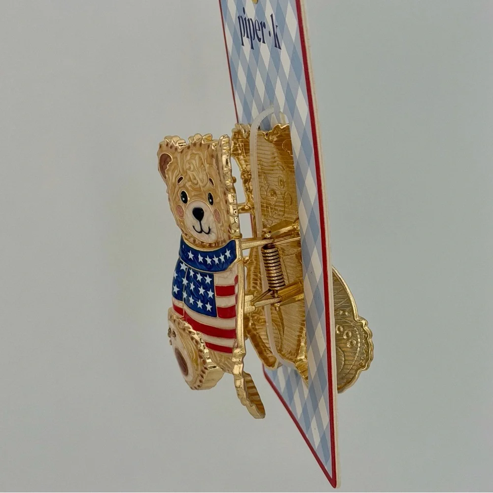 Piper K Americana Teddy Bear Claw Clip Gold Tone Rhinestones